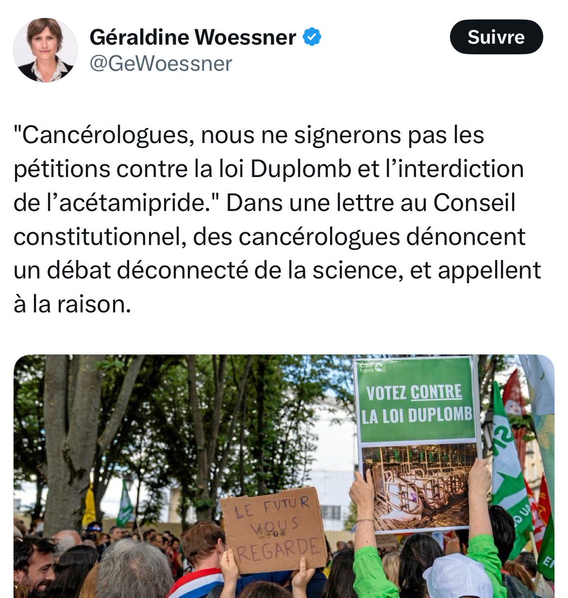 Je propose que <a href="/GeWoessner/">Géraldine Woessner</a> fasse un stage d'une semaine avec des cancéreux en phase terminale pour se rendre compte des conséquences de son travail pour le lobby du poison