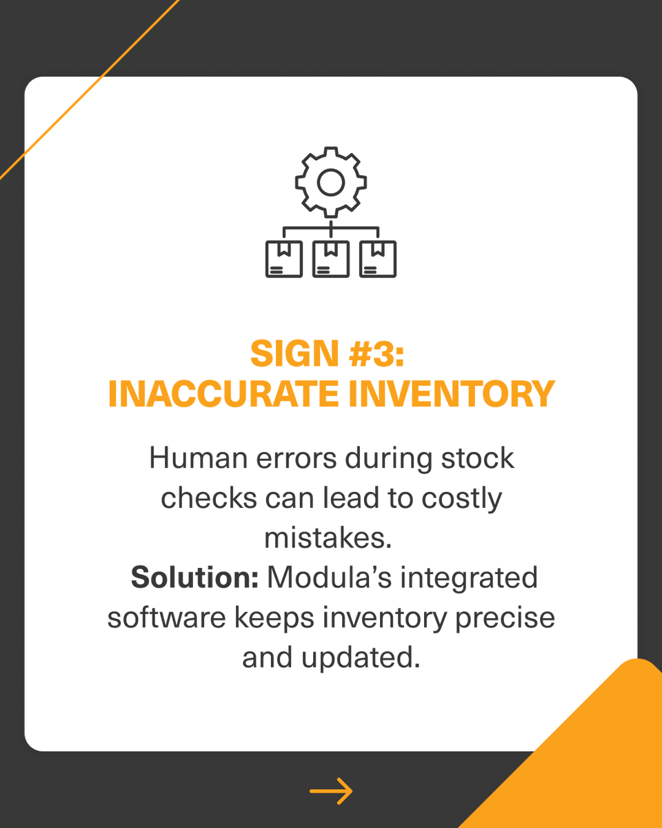 3 signs your warehouse is falling behind: swipe through to see if it’s time to automate.
From picking delays to space issues, we’ve got the solutions.

#Modula #ThinkVertical #WarehouseAutomation #SmartStorage #VerticalLiftModule