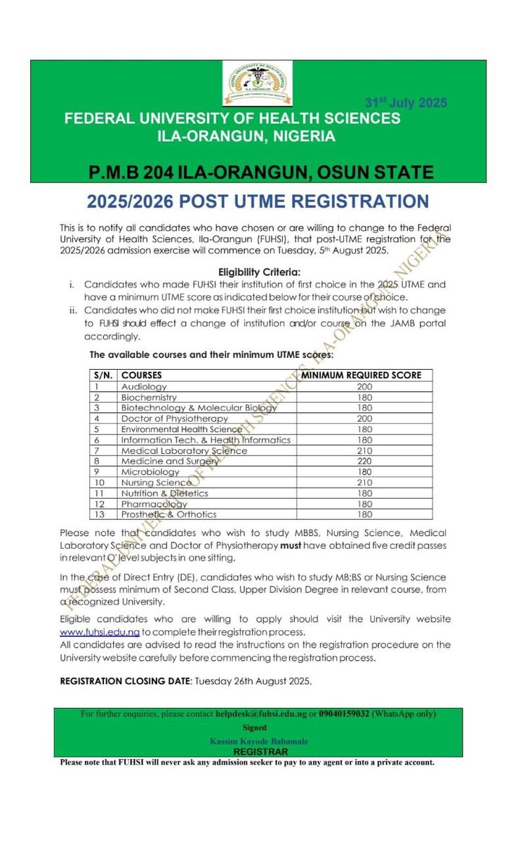 DAMMYSTV's tweet image. FEDERAL UNIVERSITY OF HEALTH SCIENCES, ILA-ORANGUN RELEASES POST-UTME ADMISSION FORM FOR 2025/2026 ACADEMIC SESSION