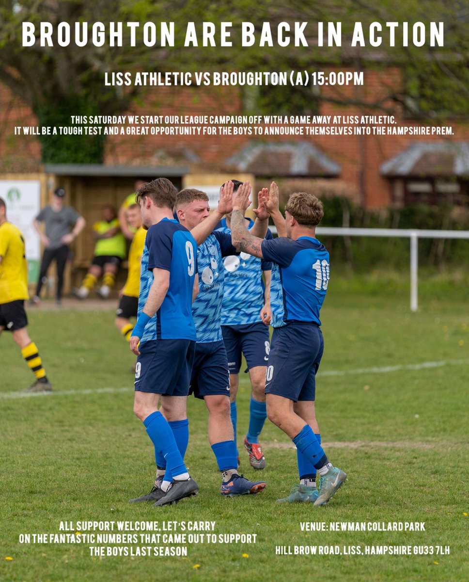 Broughton Fc (@broughtonfc1901) on Twitter photo Looking forward to our first ever Hampshire Premier League Game this Saturday against <a href="/LissAthleticFC/">Liss Athletic FC</a>
Saturday 2nd August 15:00 Kick Off
<a href="/HantsLeague/">uhlsport Hampshire Premier League</a> Looking forward to our first ever Hampshire Premier League Game this Saturday against <a href="/LissAthleticFC/">Liss Athletic FC</a>
Saturday 2nd August 15:00 Kick Off
<a href="/HantsLeague/">uhlsport Hampshire Premier League</a>