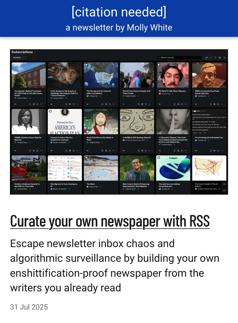 molly0xFFF's tweet image. Newsletter: In a media landscape dominated by algorithmic feeds that aim to manipulate and extract, sometimes the most radical thing you can do is choose to read what you want, when you want, without anyone watching over your shoulder.
Here’s how to use RSS.