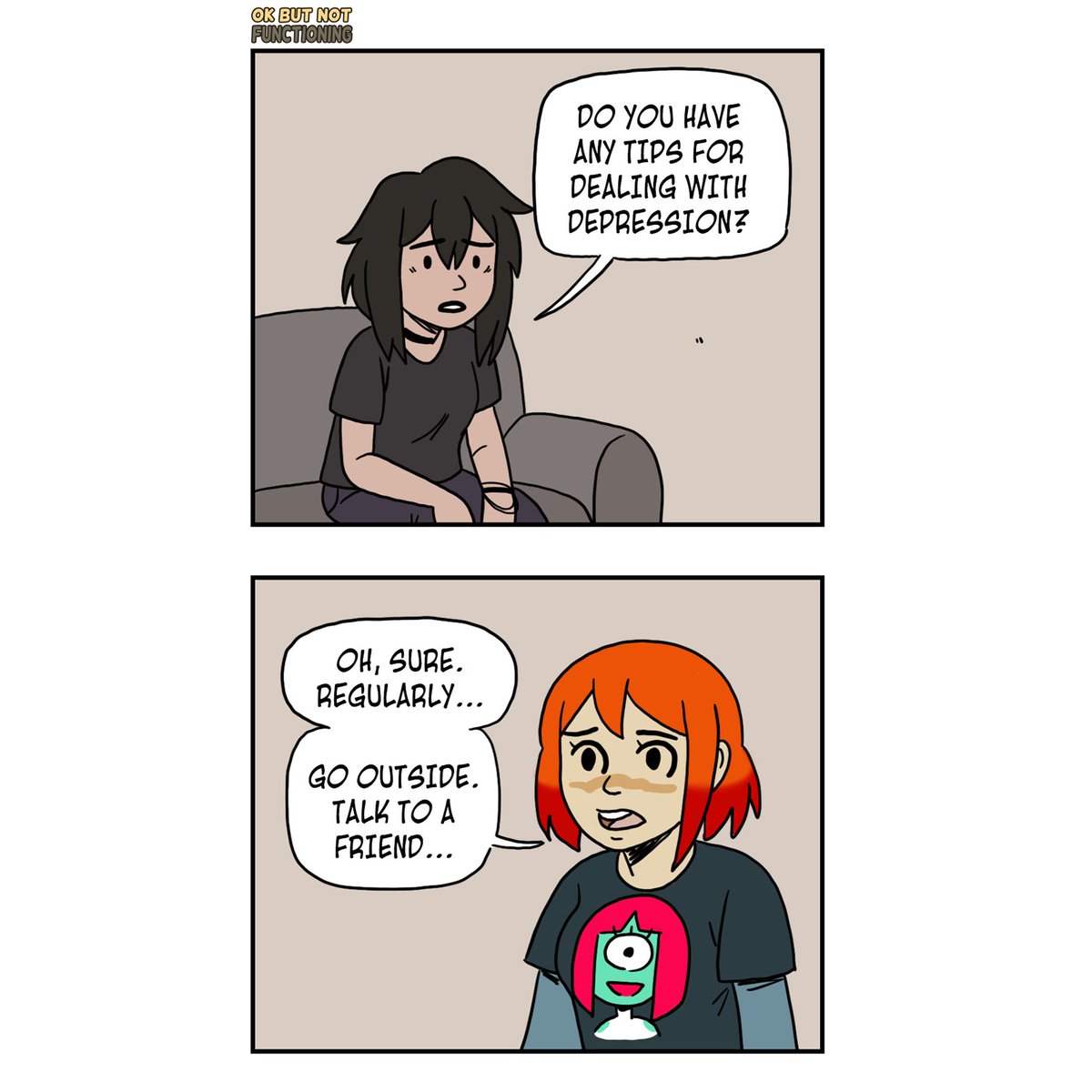 Eyzmaster's tweet photo. #COMIX OK But Not Functioning 05

Mental health? Solved in one sentence.
Rue’s not convinced.

#Eyz #myart #OKbutnotfunctioning #Rue #oc #comix #webtoon #tapas #webcomics #comic #comics #sliceoflife #bestgirl #mentalhealthawareness #digitalcomics #depressionhumor https://t.co/mlXxR9xQSV
