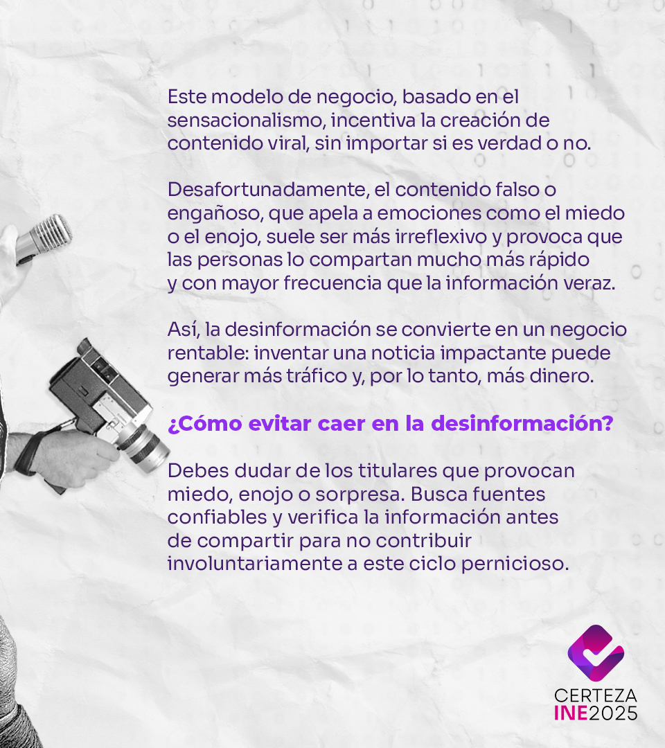 ¿Sabías que hay quienes ganan dinero difundiendo noticias falsas? 🚫

El contenido que solo busca genera clics con tus visitas, aunque sea falso, puede volverse viral y rentable. Por eso, antes de compartir, duda, verifica y busca en fuentes confiables. No alimentes la