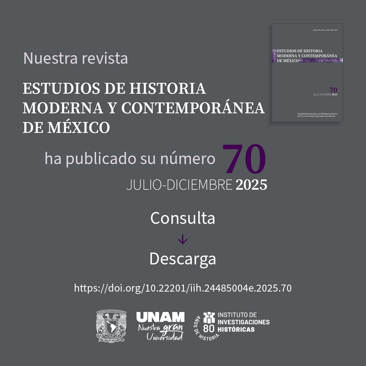 ¡Novedad editorial!
El Jurado Popular en México, farmacia e industria y la polémica en torno a la misiva de López Obrador sobre la Conquista de México son temas que se abordan en este nuevo número de Estudios de Historia Moderna y Contemporánea de México.

doi.org/10.22201/iih.2…