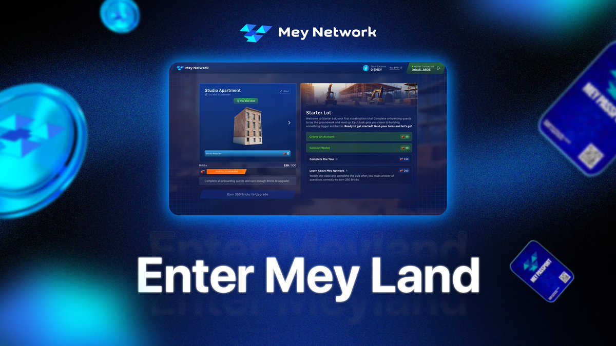 Mey Land is your on-chain gateway to fractional ownership of real-world property:

• Complete property quests
• Earn bricks &amp; climb ranks
• Get whitelisted for exclusive Property NFTs 

Join now: meyland.mey.network/?utm_source=x&…