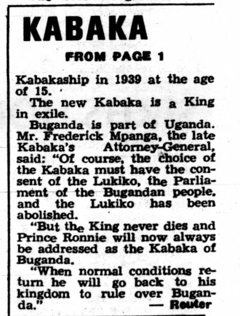 Derek R Peterson (@unseen_archive) on Twitter photo <a href="/GettyImages/">Getty Images</a> 2/2
Mutebi's father, Ssebakaba Mutesa II, was buried in a temporary tomb in London. It was there that young Mutebi laid barkcloth sheets over his father's coffin, thus asserting his claim as Buganda's new ruler. <a href="/GettyImages/">Getty Images</a> 2/2
Mutebi's father, Ssebakaba Mutesa II, was buried in a temporary tomb in London. It was there that young Mutebi laid barkcloth sheets over his father's coffin, thus asserting his claim as Buganda's new ruler.