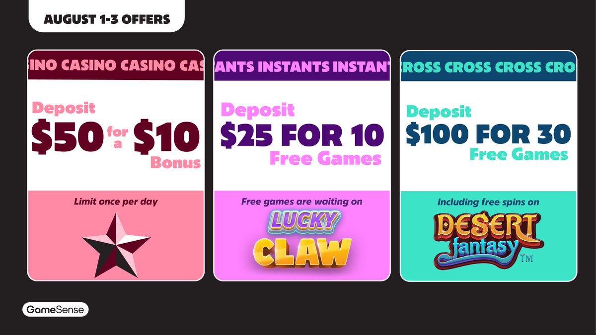 August 1-3, casino fans can deposit $50 daily &amp; get a $10 bonus (limit of once per day). Prefer Instants? Deposit $25 &amp; score 10 free games on Lucky Claw. Or deposit $100 to unlock 15 free spins on Desert Fantasy &amp; 15 free games on Big Crush Multiplier.

 playalberta.ca/offers