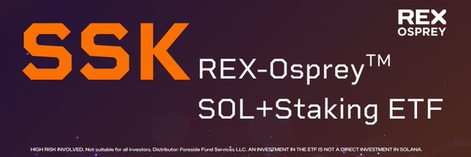 솔라나 스테이킹 보상에 대한 세부 정보와 $SSK가 포함된 REX-Osprey SOL + Staking ETF 배너