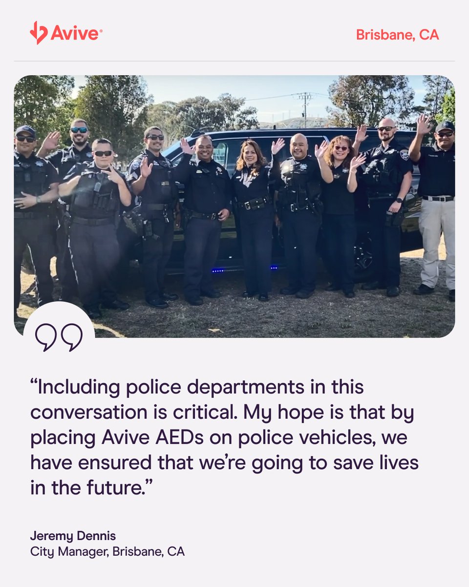 Avive Solutions (@avivesolutions) on Twitter photo In a proactive and uniform approach to public safety, <a href="/brisbanepd_ca/">Brisbane PD</a> and the City of <a href="/brisbaneca/">City of Brisbane</a> have deployed Avive AEDs into their police force and high-traffic public areas. Ensuring that help is never far away in a cardiac emergency. Full case study: avive.life/customer-stori… In a proactive and uniform approach to public safety, <a href="/brisbanepd_ca/">Brisbane PD</a> and the City of <a href="/brisbaneca/">City of Brisbane</a> have deployed Avive AEDs into their police force and high-traffic public areas. Ensuring that help is never far away in a cardiac emergency. Full case study: avive.life/customer-stori…