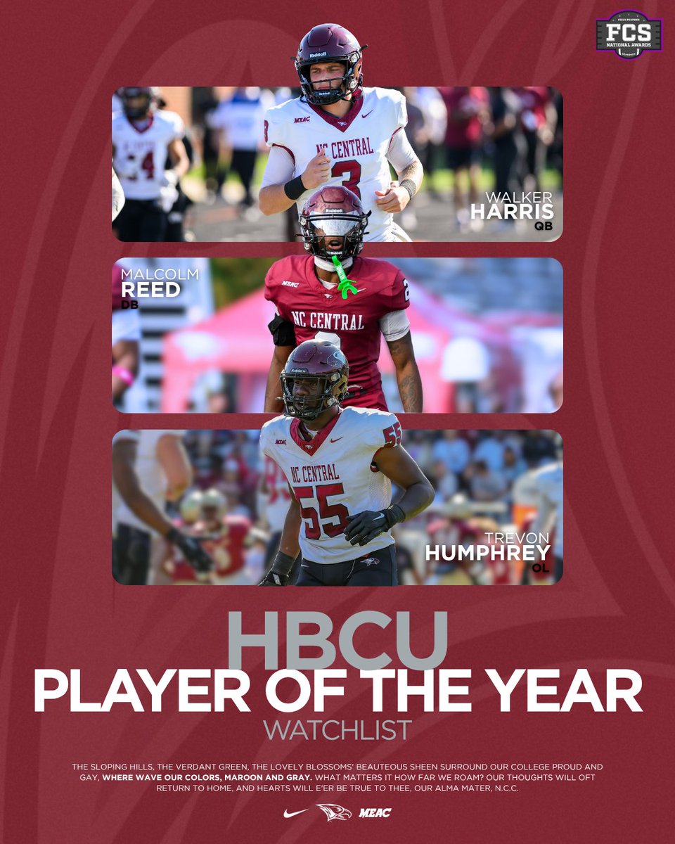 NCCU Athletics (@nccuathletics) on Twitter photo Rising to the top 📈
Walker Harris, Malcolm Reed, and Trevon Humphrey have landed on the HBCU Player of the Year Watchlist!
#CultureOverScheme #BeGreat #NCCUFootball Rising to the top 📈
Walker Harris, Malcolm Reed, and Trevon Humphrey have landed on the HBCU Player of the Year Watchlist!
#CultureOverScheme #BeGreat #NCCUFootball