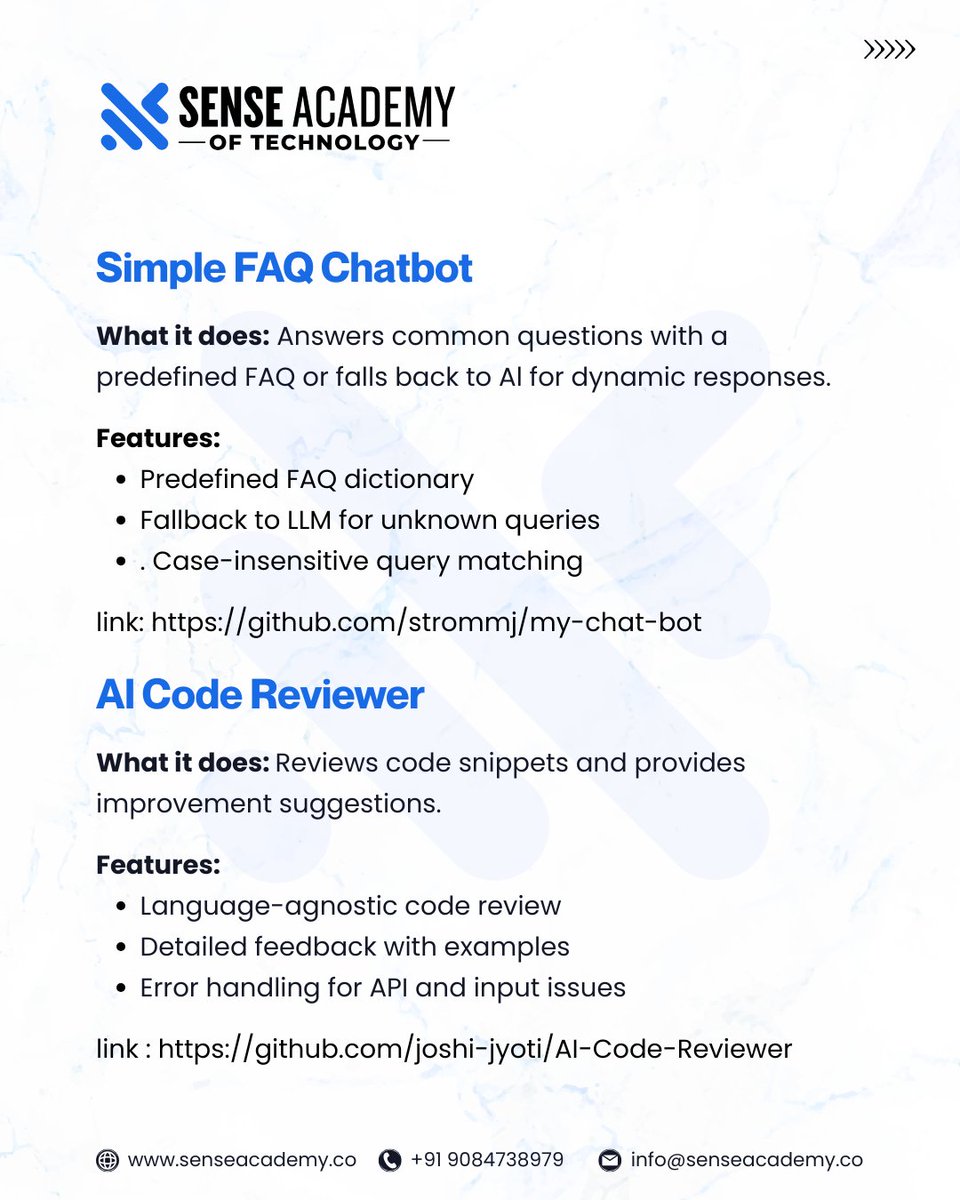 senseacademy1's tweet photo. Build 7 mini AI projects in just a weekend! From a chatbot to a code reviewer — all open-source and beginner-friendly.

Link - https://t.co/7yC2NAyU97

#AIProjects #BuildWithAI #LearnAI #OpenSourceDev #techskills #comment #link #senseacademyoftechnology https://t.co/izxT9enz1q