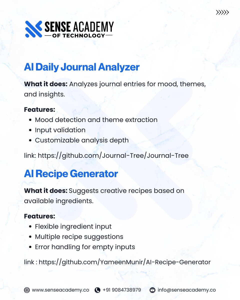 senseacademy1's tweet photo. Build 7 mini AI projects in just a weekend! From a chatbot to a code reviewer — all open-source and beginner-friendly.

Link - https://t.co/7yC2NAyU97

#AIProjects #BuildWithAI #LearnAI #OpenSourceDev #techskills #comment #link #senseacademyoftechnology https://t.co/izxT9enz1q