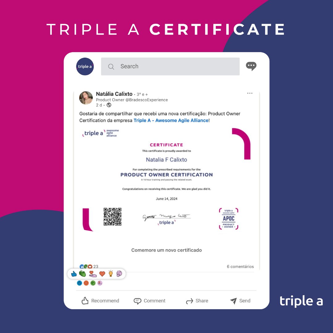 TripleA_Global's tweet image. &quot;Gostaria de compartilhar que recebi uma nova certificação: Product Owner da empresa Triple A - Awesome Agile Alliance.&quot;

Natália Calixto

#productowner #scrumguide #multifuncionalidade #equipe #agilidade #agil #trabalho #responsabilidades #produtividade