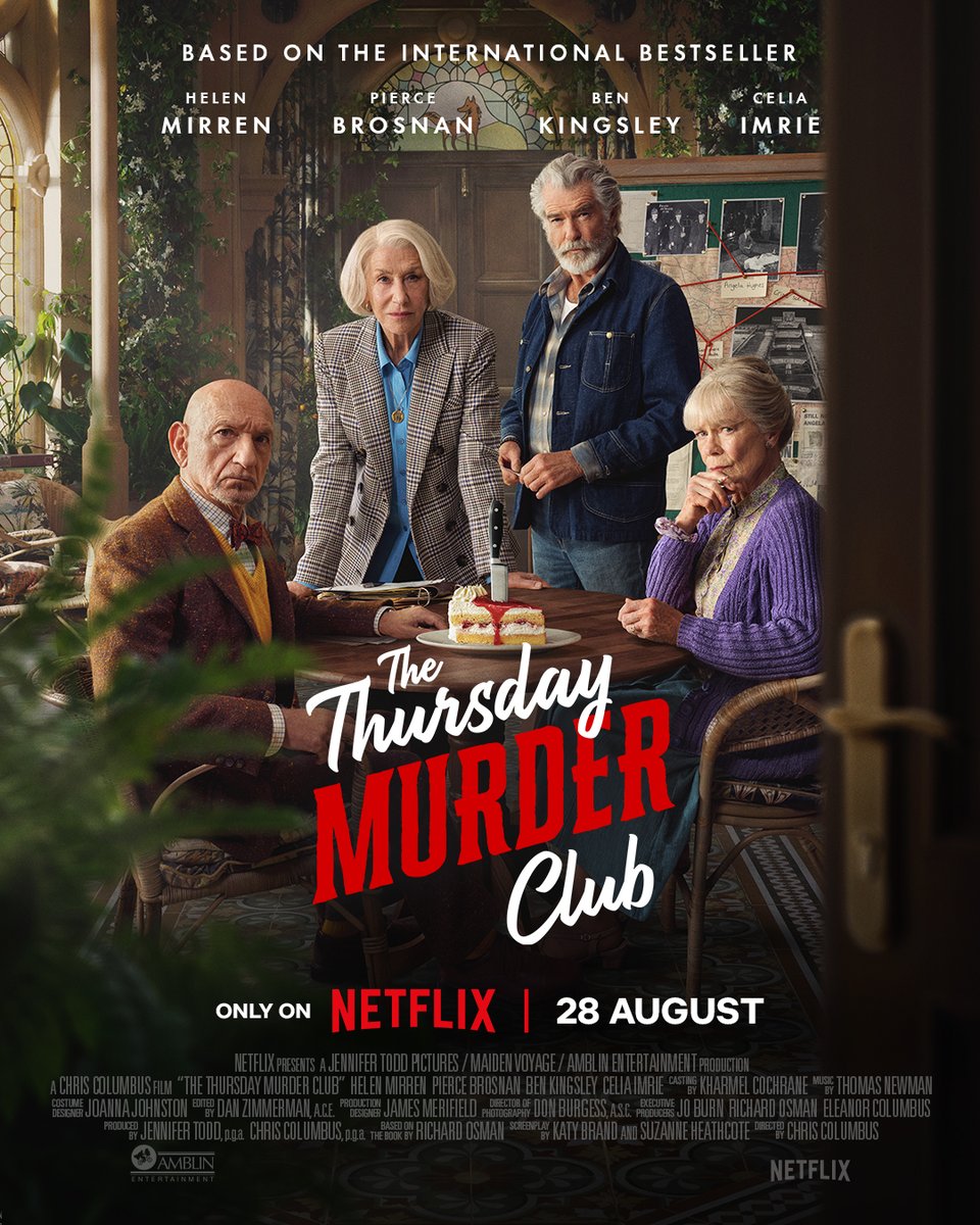 NETFLIX estrena en 28 días THE THURSDAY MURDER CLUB. Un grupo de jubilados tienen un club donde dedican su tiempo a resolver casos de asesinato sin resolver por pura diversión... hasta que un día un asesinato ocurre en su propio vecindario. Dirige Chris Columbus.