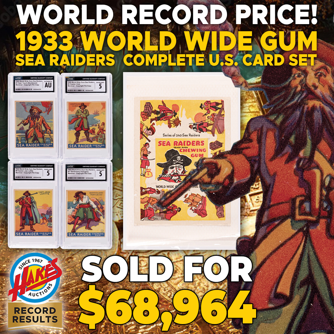 🏴‍☠️ Shiver me timbers! A 1933 World Wide Gum Sea Raiders Complete U.S. Card Set just plundered $68,964 at Hake’s July auction! Want to cash in on your treasures? Contact us today! ow.ly/qtBq50SQn11
Hake’s, Real Auctions. Real Results. 💰
#HakesAuctions #Collectibles