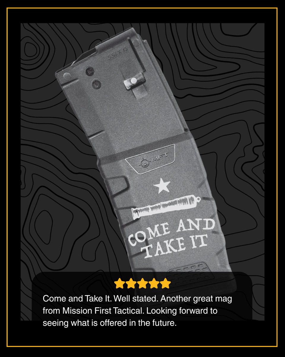 Some reviews just say it best. The Come and Take It EXD Graphic Mag delivers rugged reliability and standout design.

🔗 Explore MFT’s magazine lineup: vist.ly/3ztm7 

#ComeAndTakeIt #MissionFirstTactical #CustomMag
