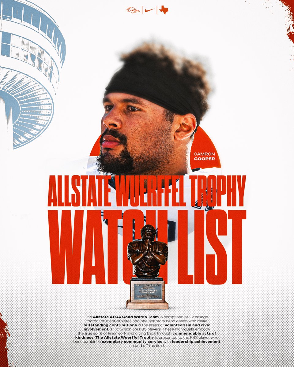 UTSA Football 🏈 (@utsaftbl) on Twitter photo Community. Leadership. Excellence. <a href="/CamronCooper10/">CAMRON COOPER</a> has made the #AllstateWuerffelTrophy Watch List, celebrating service beyond the game.
📰 utsa.pro/25wuerffelwatc…
#210TriangleOfToughness
#LetsGo210 | #BirdsUp 🤙 Community. Leadership. Excellence. <a href="/CamronCooper10/">CAMRON COOPER</a> has made the #AllstateWuerffelTrophy Watch List, celebrating service beyond the game.
📰 utsa.pro/25wuerffelwatc…
#210TriangleOfToughness
#LetsGo210 | #BirdsUp 🤙