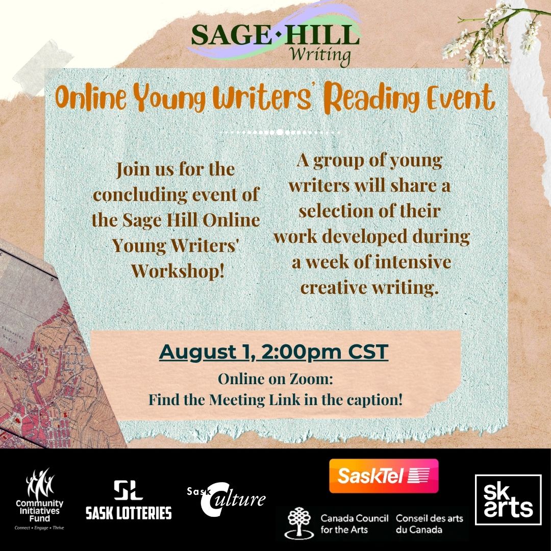 Join us this Friday, August 1st, at 2:00 pm CST, for the Online Young Writers' Reading Event! Everyone is welcome to attend and celebrate these young voices in our community.

Online on Zoom:
us02web.zoom.us/j/82151346079?…
Meeting ID: 821 5134 6079
Passcode: 350489

See you there! 📖