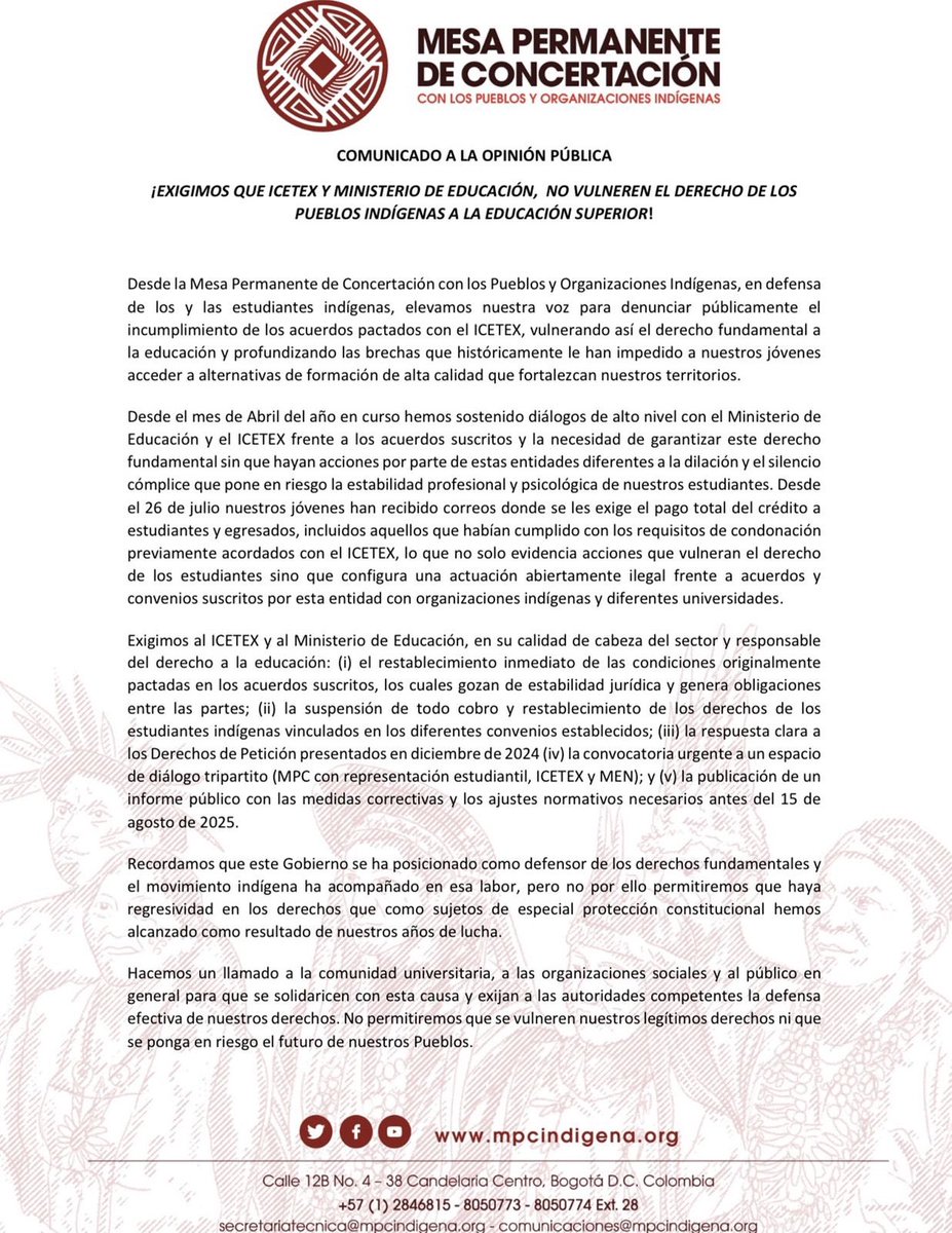 JulioESenador's tweet photo. Exijo con carácter de urgencia a @Mineducacion @DanielRMed @ICETEX que garanticen plenamente el derecho fundamental a la educación de los estudiantes indígenas. Solicito la restitución inmediata de las condiciones pactadas en los acuerdos suscritos ⬇️ @MPCindigena https://t.co/AHhJ6P6Ugx