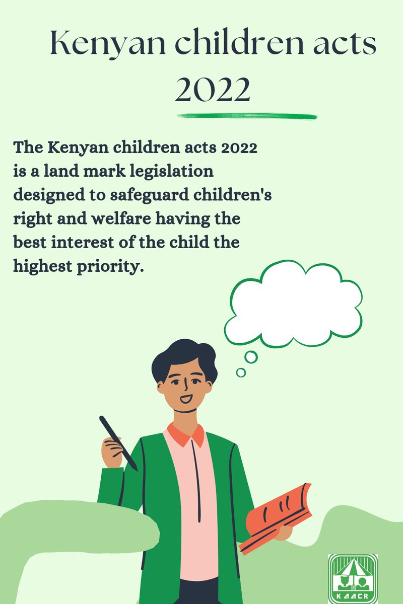 Kenya Alliance for Advancement of Children (KAACR) (@kenyachildren) on Twitter photo The Kenyan children acts 2022 is the latest version from the 2001 children acts where few notable changes such as definition of "abandoned child" "actual custody " and adoptation
#childrights
#childlegislations
<a href="/ChildServicesKE/">State Department for Children Services</a> <a href="/UNChildRights1/">UNChildRights</a> <a href="/LawSocietyofKe/">Law Society of Kenya</a> The Kenyan children acts 2022 is the latest version from the 2001 children acts where few notable changes such as definition of "abandoned child" "actual custody " and adoptation
#childrights
#childlegislations
<a href="/ChildServicesKE/">State Department for Children Services</a> <a href="/UNChildRights1/">UNChildRights</a> <a href="/LawSocietyofKe/">Law Society of Kenya</a>