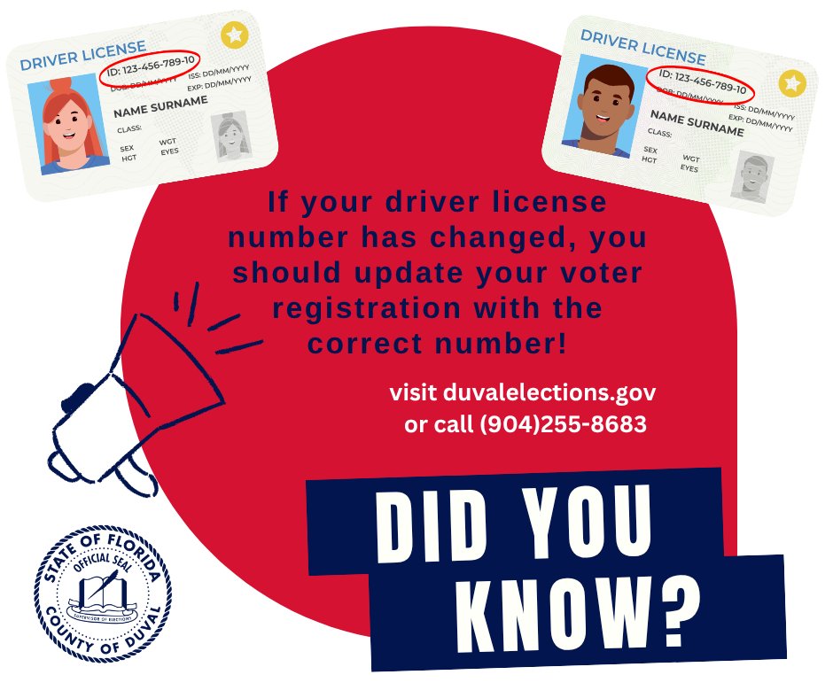 Duval County Voters: If you’ve renewed or replaced your driver’s license, your license number may have changed due to new state requirements. Make sure to update your voter registration with the correct number! Call 904-255-8683 to update your info. #VoteDuval
