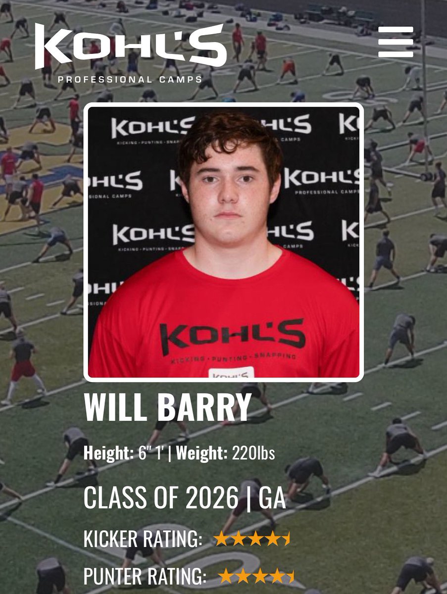 Will Barry (@will_barry48) on Twitter photo Excited to be a 4.5 star Kicker and Punter now <a href="/KohlsKicking/">Kohl's Kicking Camps</a>. Ready and excited for my Senior year this fall.
<a href="/RiverRidgeontop/">River Ridge Sports</a> <a href="/RR_Knights/">River Ridge Football</a> <a href="/RidgeRecruits/">River Ridge Football Recruits</a> <a href="/MikeCollins05/">Coach Collins</a> Excited to be a 4.5 star Kicker and Punter now <a href="/KohlsKicking/">Kohl's Kicking Camps</a>. Ready and excited for my Senior year this fall.
<a href="/RiverRidgeontop/">River Ridge Sports</a> <a href="/RR_Knights/">River Ridge Football</a> <a href="/RidgeRecruits/">River Ridge Football Recruits</a> <a href="/MikeCollins05/">Coach Collins</a>