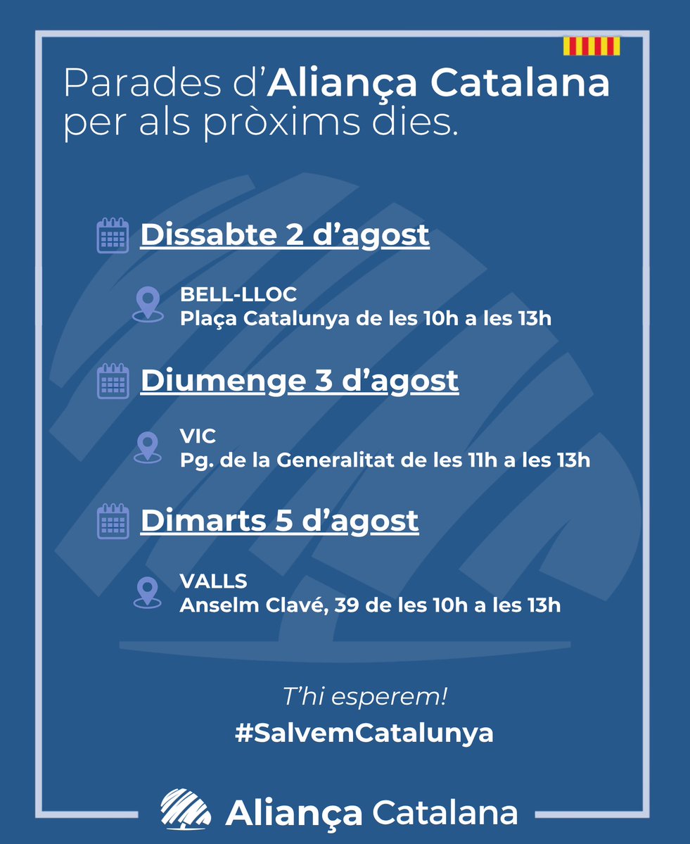 A Aliança Catalana no fem vacances!! 

Us esperem a les parades informatives d’aquest cap de setmana! 

💙#SalvemCatalunya