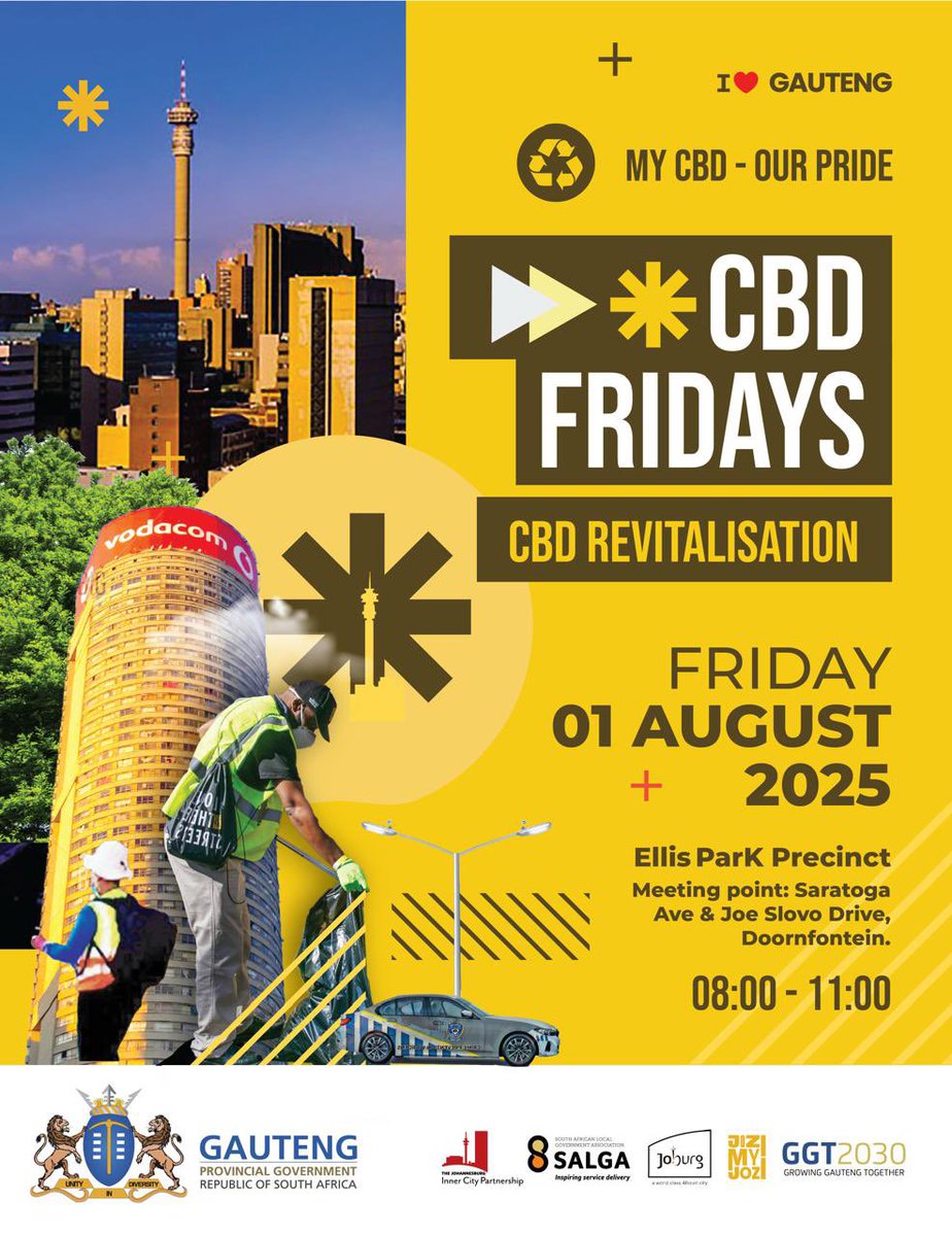 It’s CBD Friday tomorrow on the 1st of August 2025 at Ellis Park Precinct. Meeting point is at Saratoga Ave and Joe Slovo Drive, Doornfontein. #CBDRevitalisation #SpanaMaspala #CBDFriday