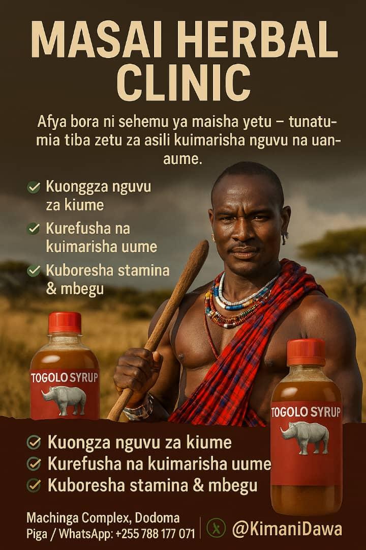 Wadau naomba retweet zenu 🔥🔥

Kwa wanaume wote
Hizi dawa za masai ni za asili hazina kemikali na ukitumia hazina side effect yoyote unapona vizuri kabisa na kukurudisha tabasamu la mwanaume kamili 

Mwanaume usikae kinyonge mtafute Masai tu

Ana dawa ya 
🟤kukuongezea nguvu za