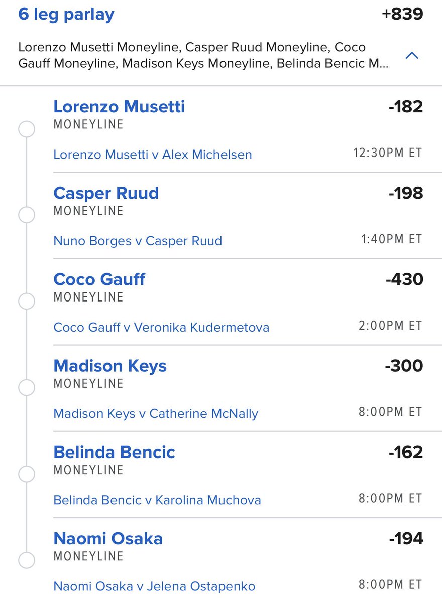 Here’s a nice 6 legger for anyone wanting some 🎾 today!
#GamblingTwitter 
#tennisbets