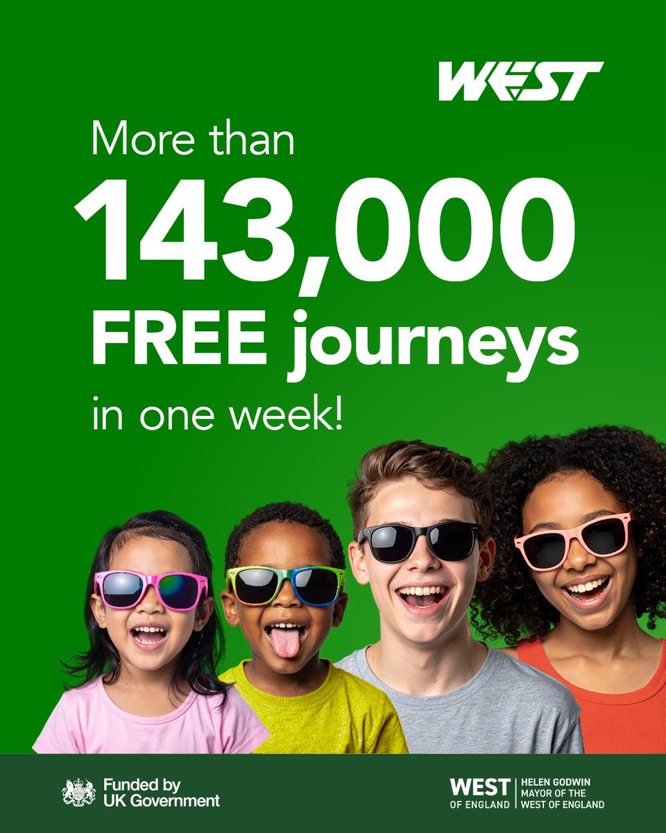 West of England Mayoral Combined Authority (@westofenglandca) on Twitter photo Kids in the West took over 143,000 FREE bus journeys during the first week of the summer holidays. That's around 35,000 more than this time last year!
Across <a href="/bathnes/">B&NES Council</a> <a href="/BristolCouncil/">Bristol City Council</a> <a href="/NorthSomersetC/">North Somerset Council</a> <a href="/sgloscouncil/">South Glos Council</a>, under 16s go free – just hop on board: tinyurl.com/143000KidsGoFr… Kids in the West took over 143,000 FREE bus journeys during the first week of the summer holidays. That's around 35,000 more than this time last year!
Across <a href="/bathnes/">B&NES Council</a> <a href="/BristolCouncil/">Bristol City Council</a> <a href="/NorthSomersetC/">North Somerset Council</a> <a href="/sgloscouncil/">South Glos Council</a>, under 16s go free – just hop on board: tinyurl.com/143000KidsGoFr…