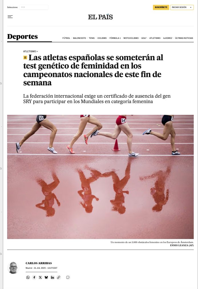 Organice urgentemente <a href="/el_pais/">EL PAÍS</a> <a href="/elpais_deportes/">EL PAÍS Deportes</a> un cursillo para sus redactores. Las atletas españolas (y de todo el mundo) pasarán un test de sexo (un frotis bucal) que demuestre que son mujeres para poder participar en las categorías femeninas de los mundiales.
Para competir,