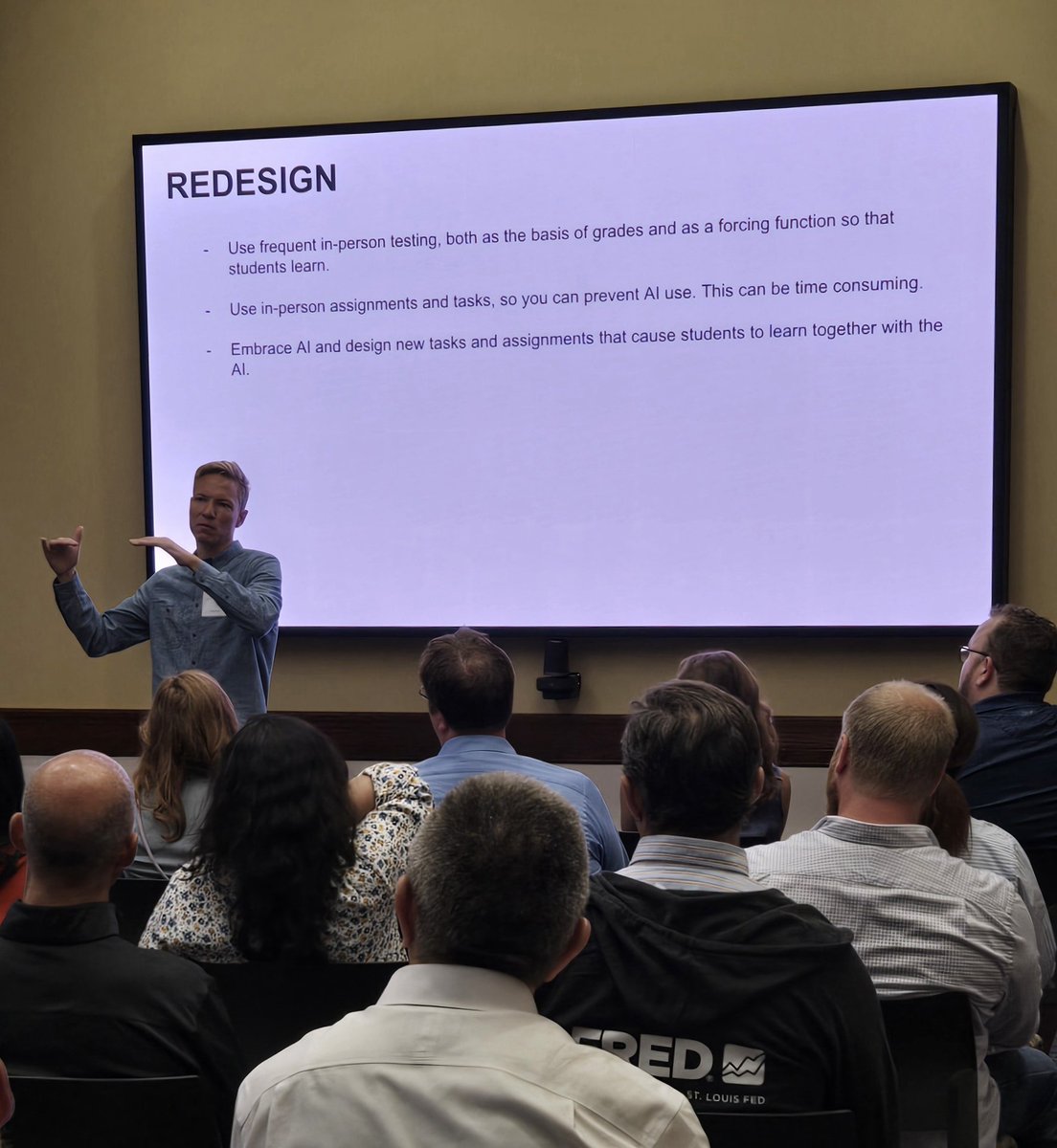 Packed session to hear Matthew Hill (<a href="/TweetofMattHill/">Matt Hill</a>) share a year of experience with AI homework assignments.