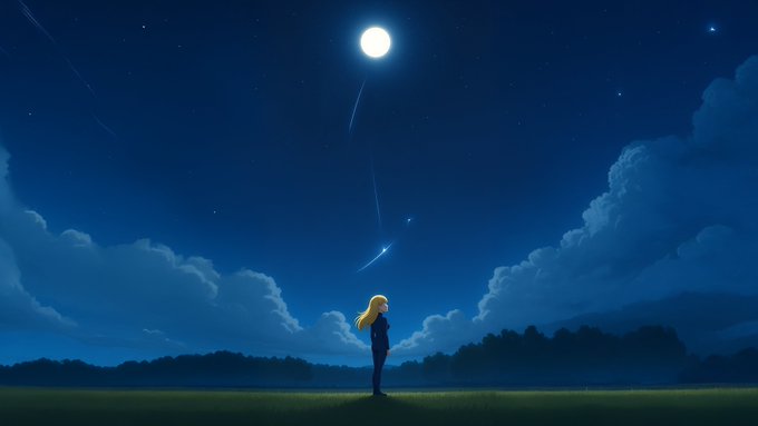 流れ星が輝く月明かりの空の下に立つ一人の人物