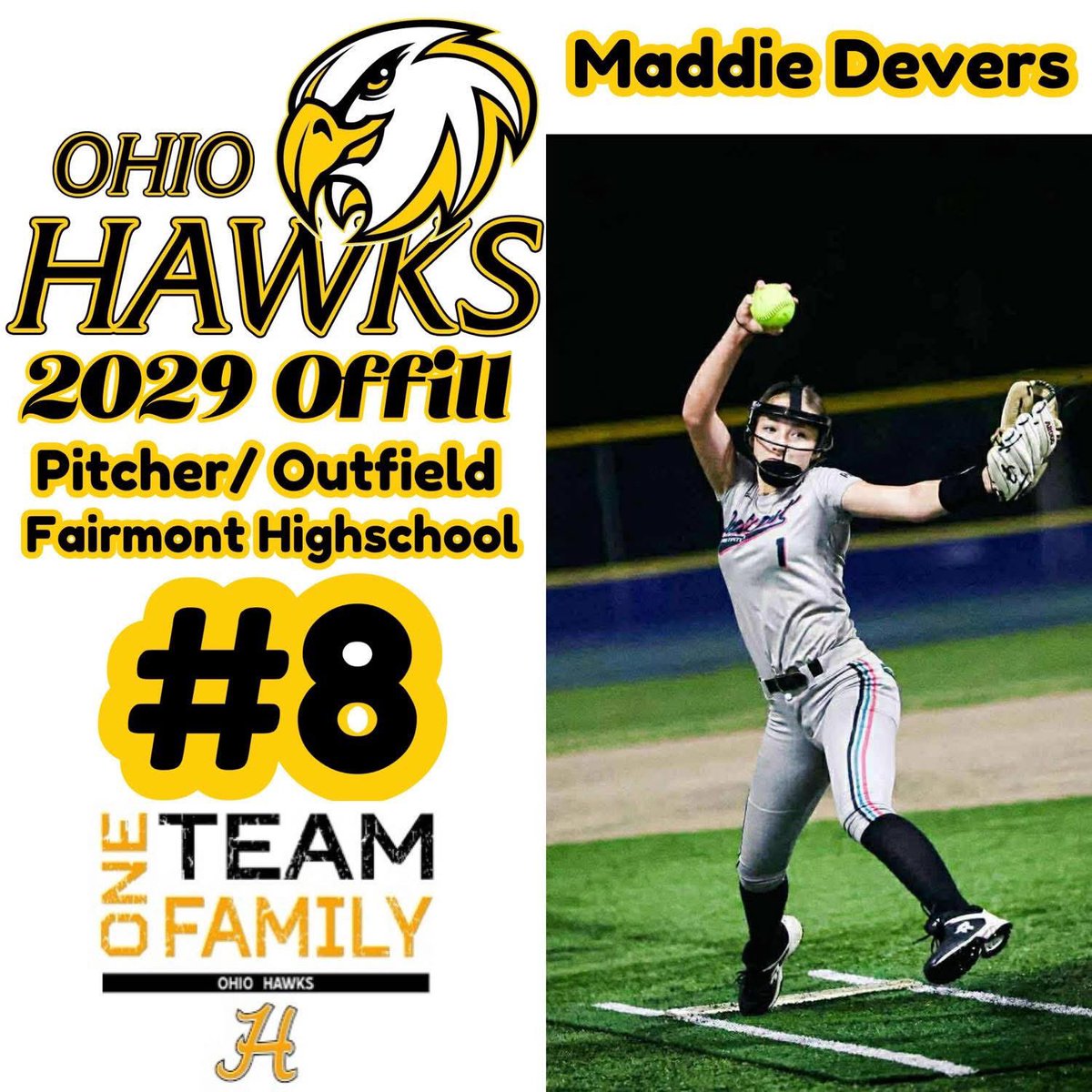 🚨Roster Alert🚨 Please welcome Maddie Devers to Ohio Hawks 2K11 Offill!

🔥 P/UT from Fairmont HS
⚡️ Will bring heat in the circle &amp; pop at the plate
💫 Fav player: Karlyn Pickens
🏫 Dream school: UCLA
🎯 Goals: More velo &amp; power!

Welcome to the squad, Maddie! #OhioHawks