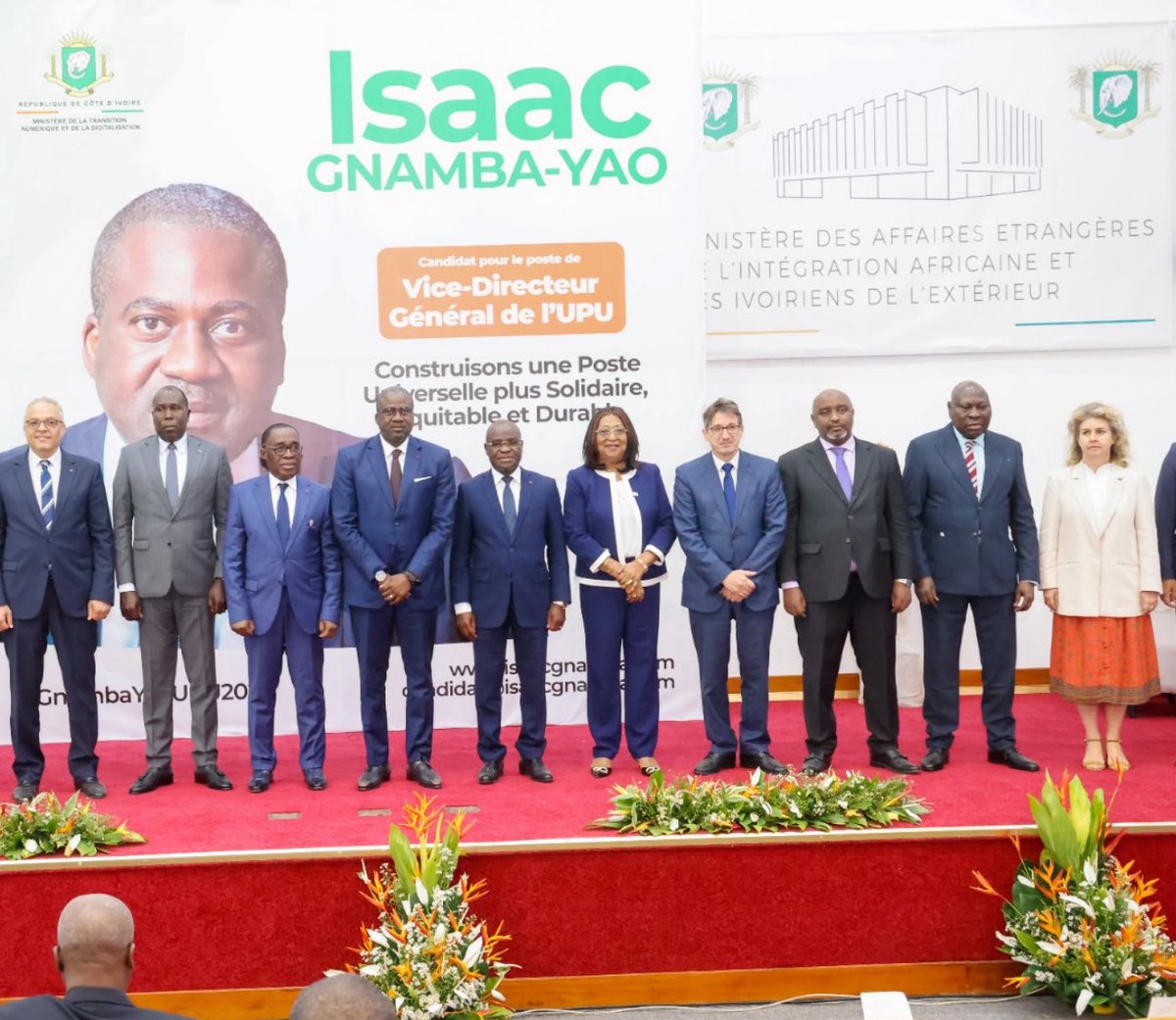 Ce matin, nous étions invités 
au Ministère des affaires étrangères, à la cérémonie de lancement national de la campagne de ISAAC GNAMBA-YAO au poste de Vice-Directeur Général de
l'Union Postale Universelle pour la période 2026-2029.