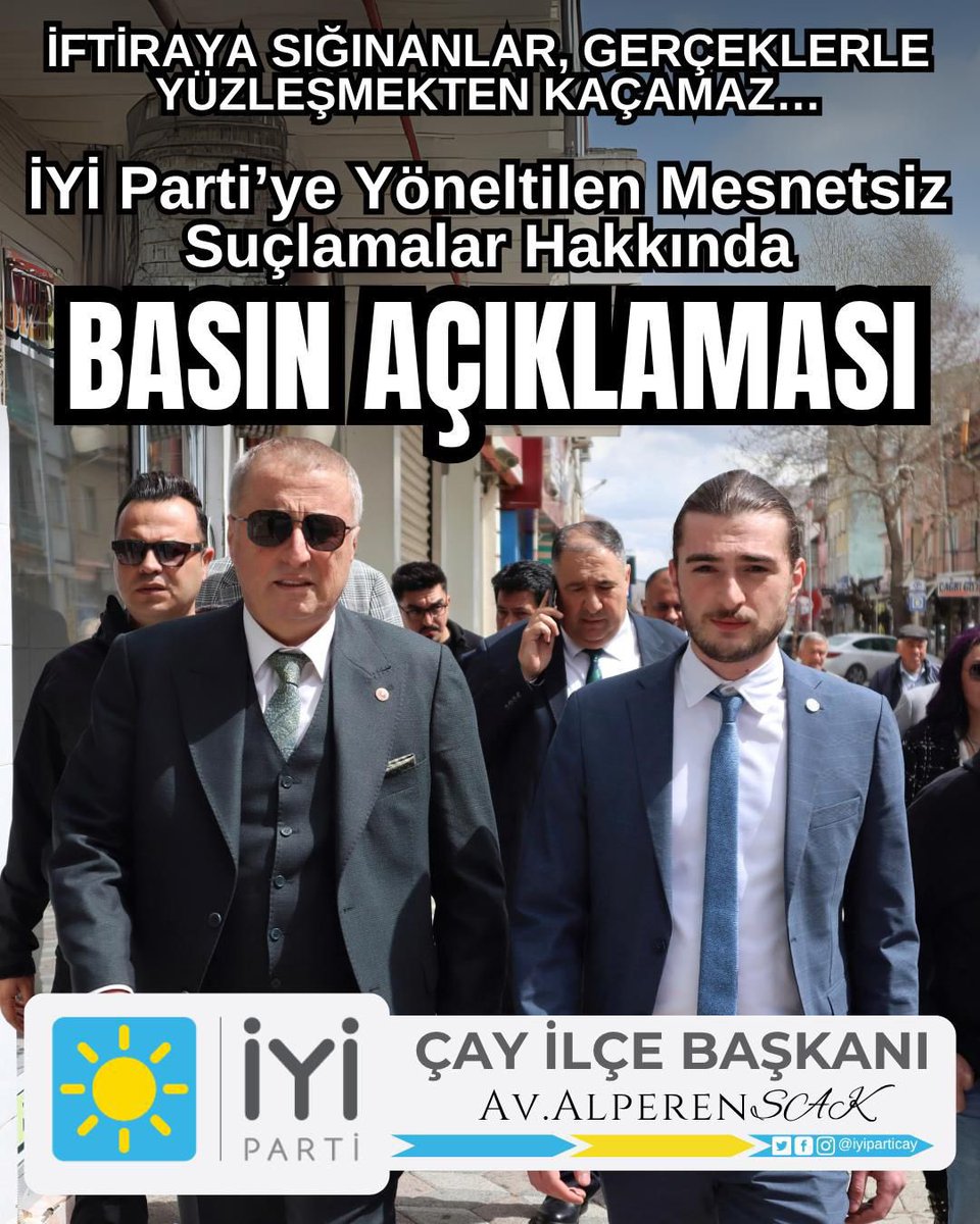 KAMUOYUNA DUYURULUR

Son günlerde bazı sosyal medya mecraları üzerinden İYİ Parti’ye yönelik olarak dile getirilen FETÖ imalı ithamlar, mesnetsiz, maksatlı ve organize bir karalama kampanyasının parçasıdır.