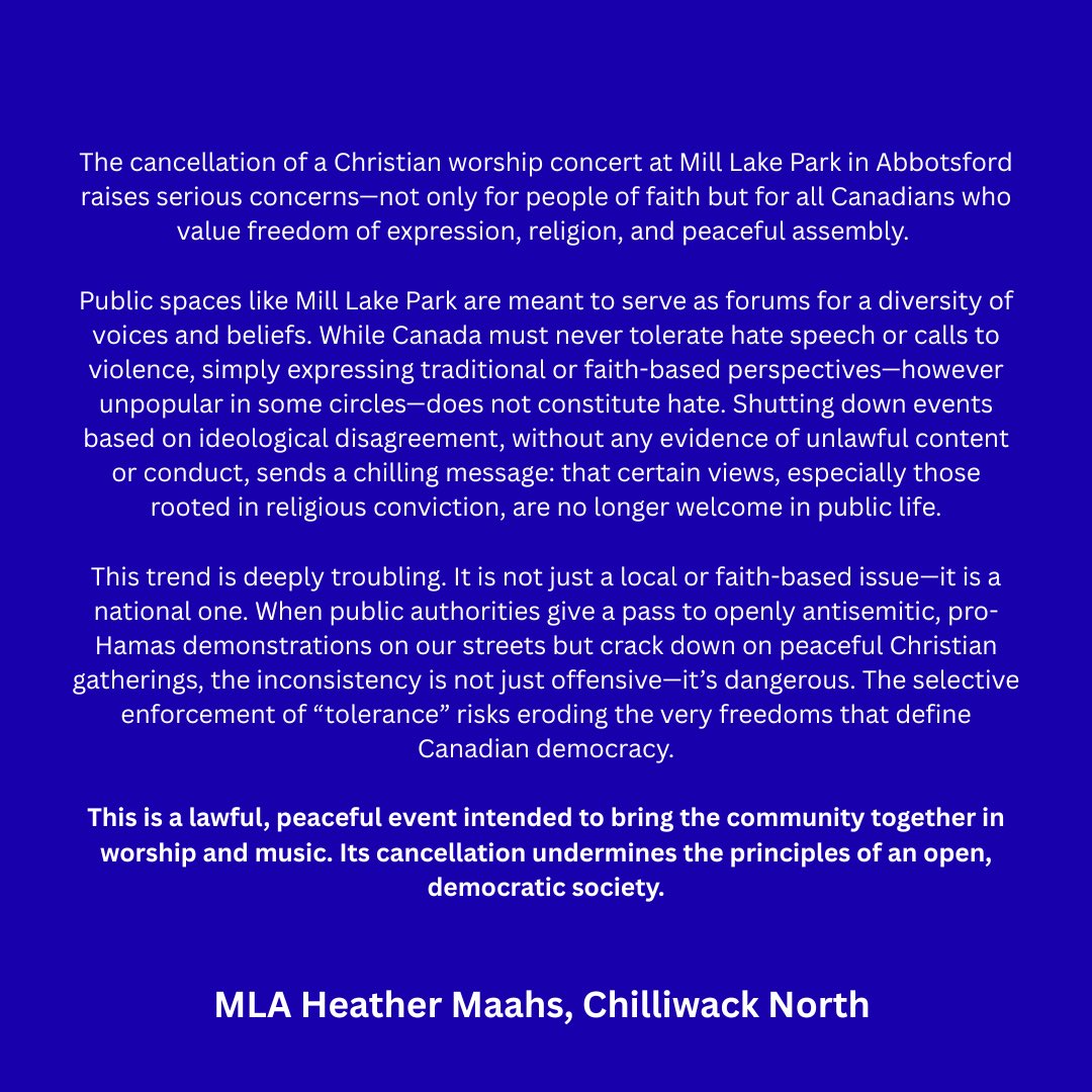 See below my statement on the cancellation of the @SeanFeucht concert scheduled for August 22 in Mill Lake Park. 

#bcpoli