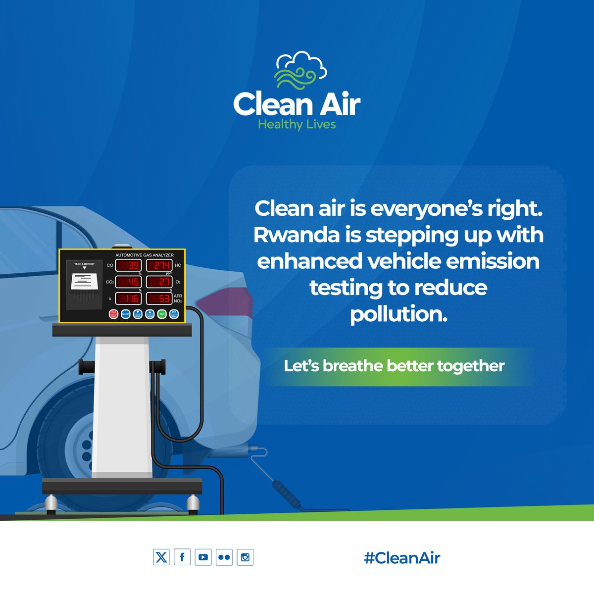 🚘💨 Polluted air kills silently, but together, we can change that!

#CleanAir is a right for ALL. 🌍
Rwanda is stepping up with enhanced vehicle emission testing. Do your part: service your car regularly &amp; help keep our air safe to breathe. 

GreenRwanda🇷🇼🌿