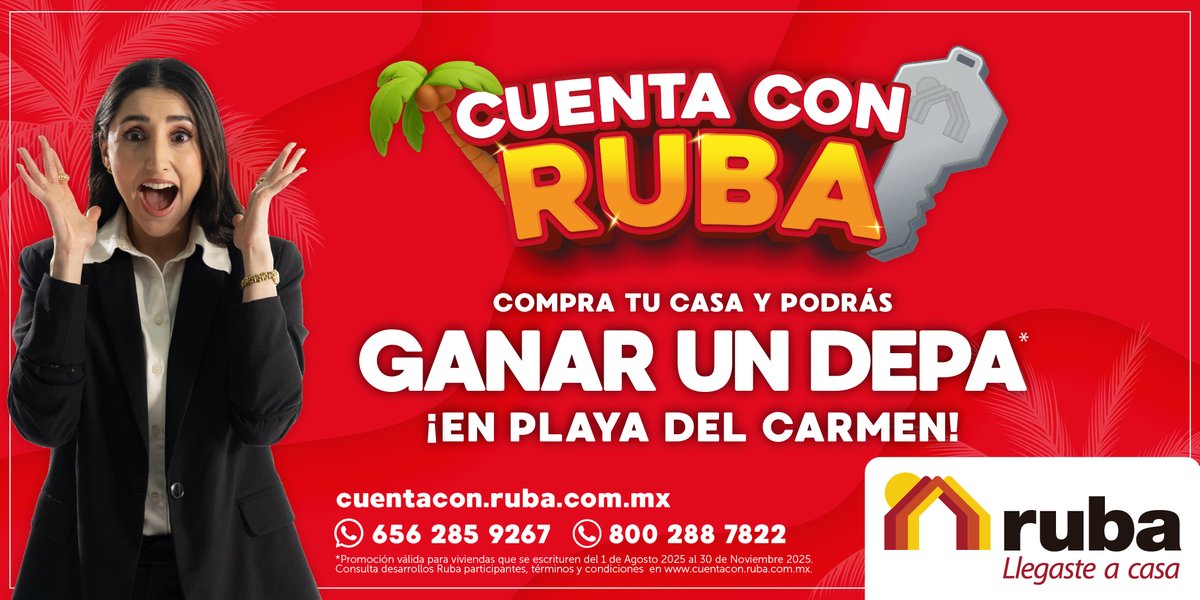 ¡Cuenta con Ruba está aquí! 🔑

Del 1 de agosto al 30 de noviembre 2025 participa para ganar un depa en Playa del Carmen 🌴

🔑 Firma tu casa
🔑 Obtén tus códigos
🔑 Participa y gana

Más info 👉 cuentacon.ruba.com.mx
Términos y condiciones en el sitio.

#LlegasteACasa🏡