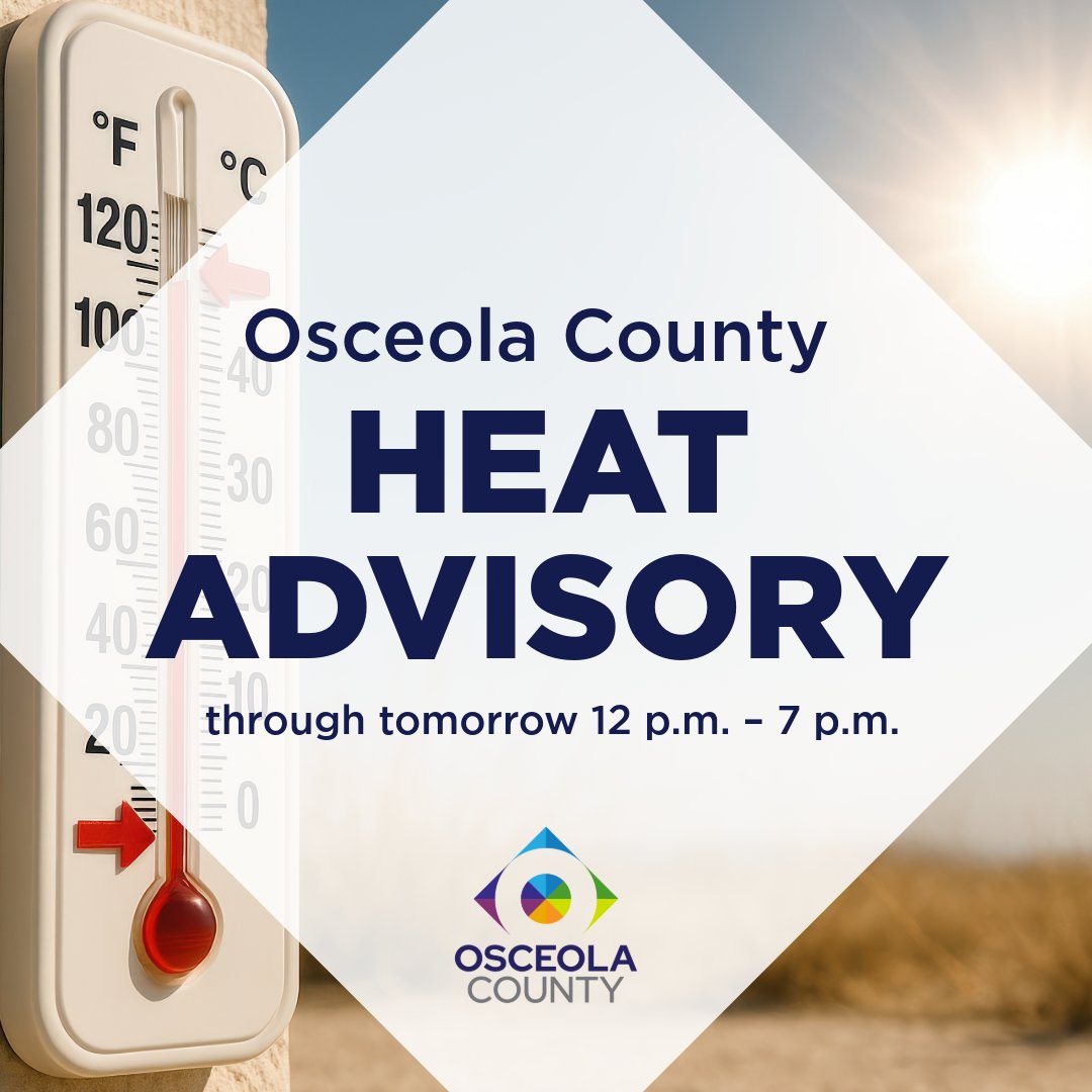 🔥 HEAT ADVISORY🔥

Need relief? All @osceolalibrary locations are open as cooling centers today. No registration needed.

💧 Limited bottled water available at:
Hart, BVL, St. Cloud, Poinciana &amp; Celebration libraries.
Bring refillable bottles if possible.

📍