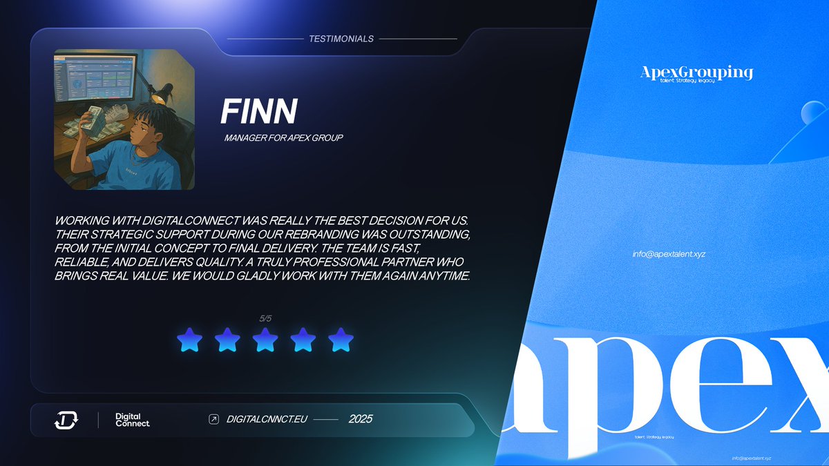 Testimonial by <a href="/Reazybzz/">Finn S.</a> 
» Client <a href="/ApexGrouping/">Apex Group</a> 

⭐️⭐️⭐️⭐️⭐️

We developed a Social Media Rebrand according to their wishes. Thanks for the feedback and we look forward to working again!

#design #socialmedia #rebrand