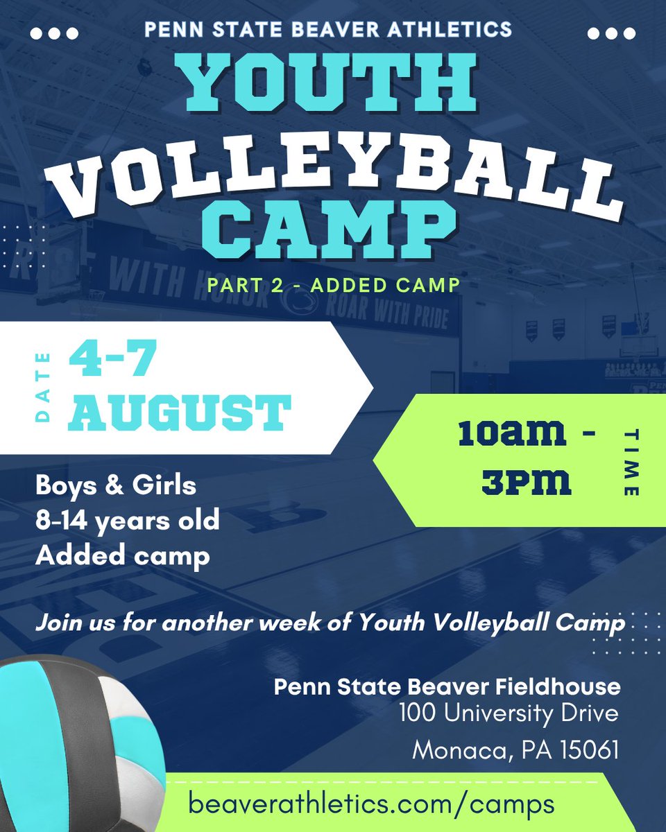 We are days away from our final camps of the summer! Join us August 4th- August 7th to take part in our second Youth Volleyball Camp! Register online at beaverathletics.com/information/ca…! #riseandroar #pennstatebeaverathletics #psuac #uscaa
