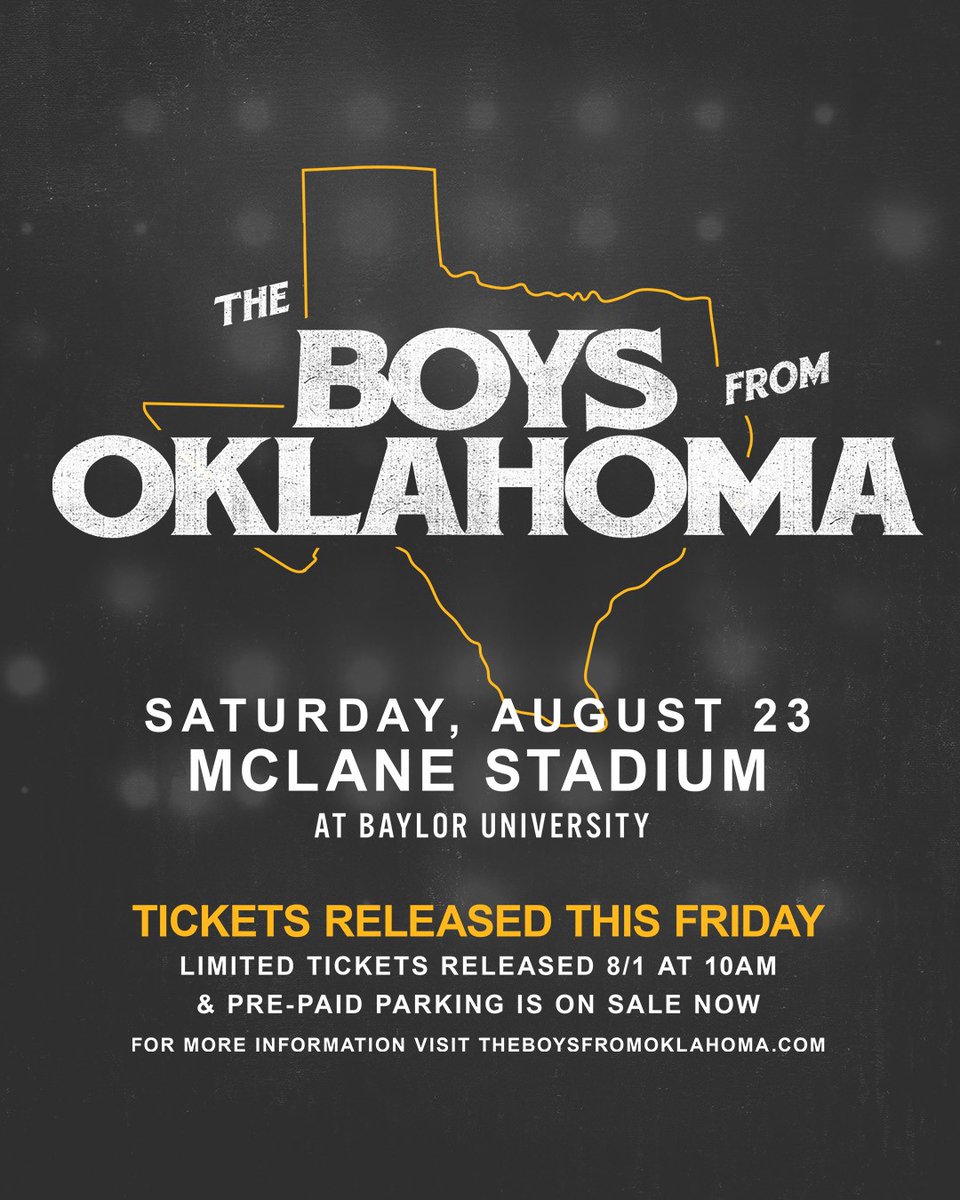 Baylor Athletics (@baylorathletics) on Twitter photo A limited number of tickets to The Boys From Oklahoma on Saturday, Aug. 23 at <a href="/McLaneStadium/">McLane Stadium</a> are being released from production holds tomorrow at 10 a.m. CT 🎟️
Proceeds from these ticket sales will support communities impacted by the Texas floods.
#SicEm A limited number of tickets to The Boys From Oklahoma on Saturday, Aug. 23 at <a href="/McLaneStadium/">McLane Stadium</a> are being released from production holds tomorrow at 10 a.m. CT 🎟️
Proceeds from these ticket sales will support communities impacted by the Texas floods.
#SicEm