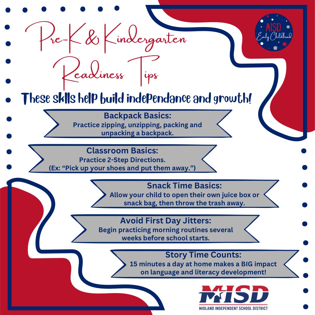 MISDEarlyEd's tweet image. The first day of school, Aug 19, is right around the corner! Here are a few readiness tips to help prepare your little one for Pre-K and Kinder!  
#SchoolReady
#MISDPreK
#MadeInMISD