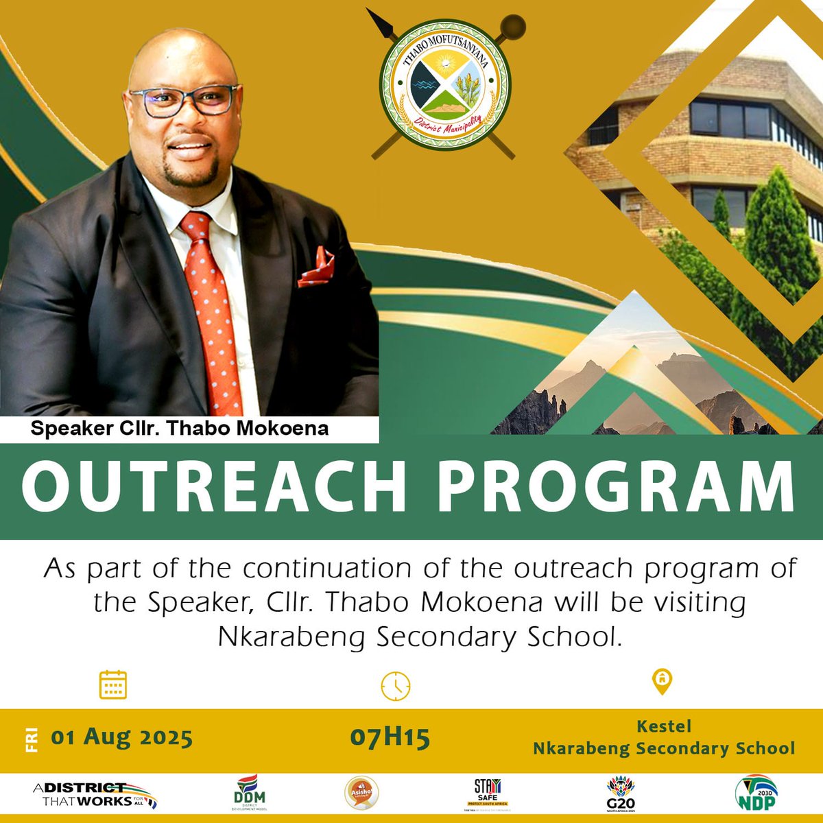 #TeamTMDM 🏫📖 THABO MOFUTSANYANA DISTRICT MUNICIPALITY OUTREACH PROGRAMME 
🏫Nkarabeng Secondary School
🗓️01 August 2025
⏰07h15
#districtthatworksforall #G20 #LeaveNoOneBehind #workingtogether