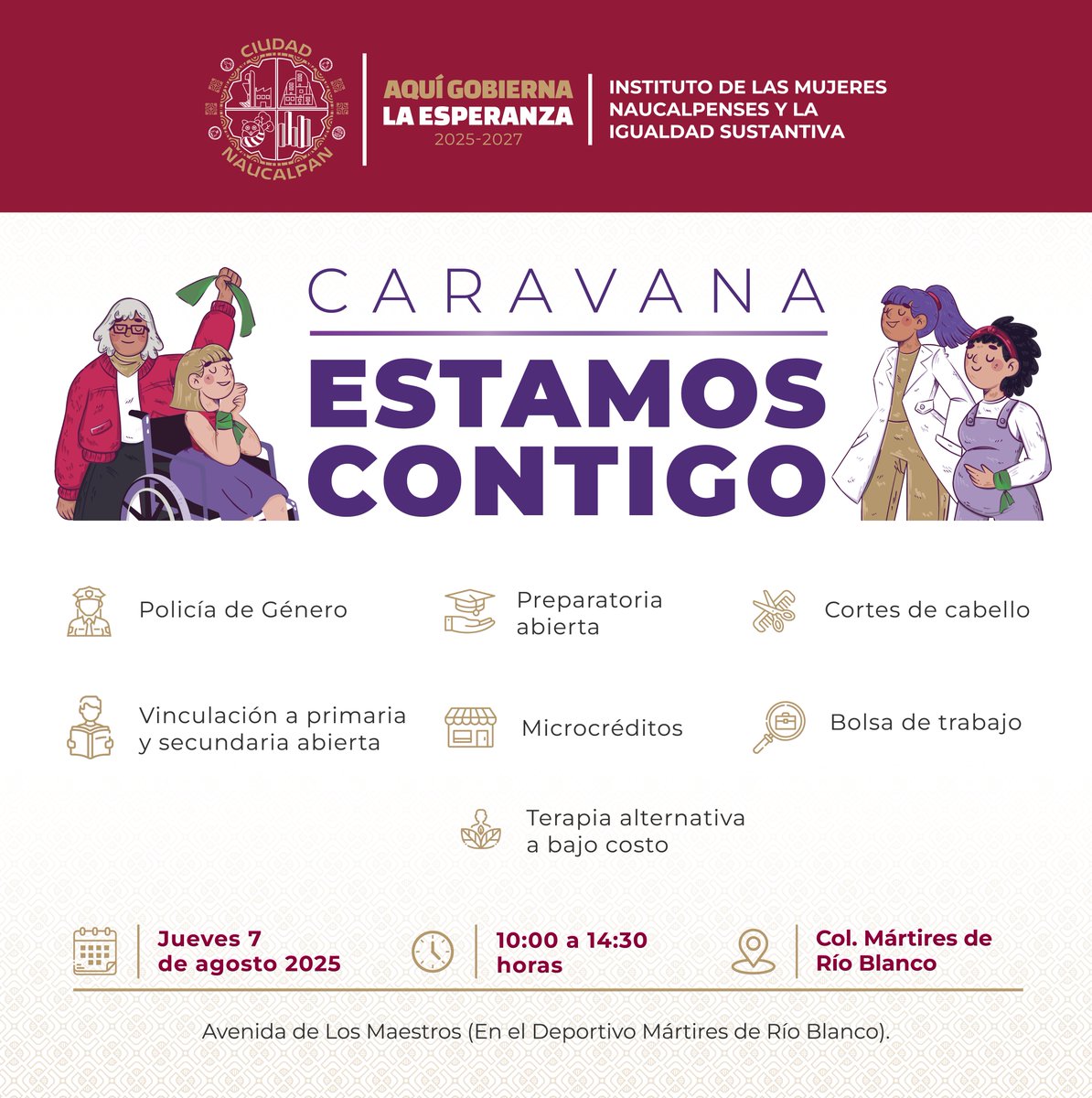 ¡Mujeres de Naucalpan, esta caravana es para ustedes!💜
Este jueves 7 de agosto, acércate a la Caravana “Estamos Contigo” del Instituto de las Mujeres Naucalpenses y la Igualdad Sustantiva.

#Naucalpan #AquíGobiernaLaEsperanza #CaravanaEstamosContigo