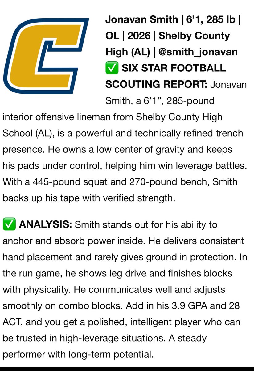 Jonavan Smith (@smith_jonavan) on Twitter photo Thank you <a href="/sixstarfootball/">Six Star Football | PLUS+</a> for the UT Chattanooga camp write up.
<a href="/GoMocsFB/">Chattanooga Football</a> <a href="/CoachKevinRevis/">Kevin Revis</a> <a href="/HallTechSports1/">Hall-Tech Sports</a> <a href="/DexPreps/">DexPreps</a> <a href="/tjust86/">Todd Justice</a> <a href="/andrewtsimonson/">Andrew Simonson</a> <a href="/lhibbs03/">Lee Hibbs</a> <a href="/Anthony70275829/">Coach Zeb Ellison</a> <a href="/SCWildcatsFB/">SCHS Wildcats Football</a> <a href="/schsfootball24/">Shelby County Wildcats Football Recruiting</a> Thank you <a href="/sixstarfootball/">Six Star Football | PLUS+</a> for the UT Chattanooga camp write up.
<a href="/GoMocsFB/">Chattanooga Football</a> <a href="/CoachKevinRevis/">Kevin Revis</a> <a href="/HallTechSports1/">Hall-Tech Sports</a> <a href="/DexPreps/">DexPreps</a> <a href="/tjust86/">Todd Justice</a> <a href="/andrewtsimonson/">Andrew Simonson</a> <a href="/lhibbs03/">Lee Hibbs</a> <a href="/Anthony70275829/">Coach Zeb Ellison</a> <a href="/SCWildcatsFB/">SCHS Wildcats Football</a> <a href="/schsfootball24/">Shelby County Wildcats Football Recruiting</a>