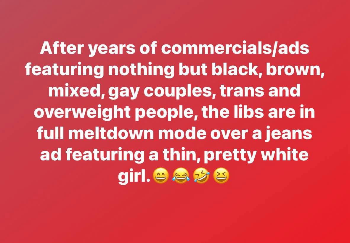 Después de años de comerciales/anuncios que mostraban nada más que parejas negras, morenas, mixtas, homosexuales, trans y personas con sobrepeso, los liberales están en pleno colapso por un anuncio de jeans que presenta a una chica blanca, delgada y bonita.
