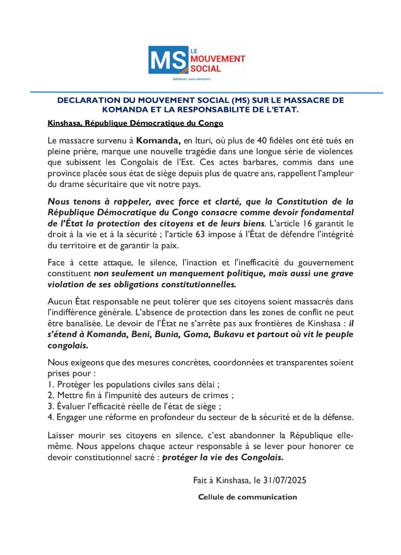 Coordination Nationale de la Jeunesse MS (@msjeunesse) on Twitter photo Déclaration du mouvement social(MS) sur le massacre de KOMANDA et la responsabilité de l'Etat.
<a href="/JCKibala/">Jean-Claude Kibala</a> <a href="/StanysBujakera/">Stanis Bujakera Tshiamala</a> <a href="/AntoineTshimpi/">Prof. Dr Antoine Tshimpi</a> <a href="/KimKimuntu/">Paulette Kimuntu Kim</a> <a href="/matumo_b/">Bienvenu Matumo</a> <a href="/salzah13/">Salomon Zahiga</a> <a href="/JovinIrenge1/">Me jovin Irenge /n°685/LUKUNGA</a> <a href="/JBAUMBILIA/">Jean BAUMBILIA</a> <a href="/AleshOfficiel/">King Lesh 👑</a> <a href="/YvesBuya1/">Yves Buya</a> <a href="/wembi_steve/">Steve Wembi</a> <a href="/LFranceKuzikesa/">Louis France Kuzikesa</a> <a href="/JackKibala/">Jack Kibala</a> Déclaration du mouvement social(MS) sur le massacre de KOMANDA et la responsabilité de l'Etat.
<a href="/JCKibala/">Jean-Claude Kibala</a> <a href="/StanysBujakera/">Stanis Bujakera Tshiamala</a> <a href="/AntoineTshimpi/">Prof. Dr Antoine Tshimpi</a> <a href="/KimKimuntu/">Paulette Kimuntu Kim</a> <a href="/matumo_b/">Bienvenu Matumo</a> <a href="/salzah13/">Salomon Zahiga</a> <a href="/JovinIrenge1/">Me jovin Irenge /n°685/LUKUNGA</a> <a href="/JBAUMBILIA/">Jean BAUMBILIA</a> <a href="/AleshOfficiel/">King Lesh 👑</a> <a href="/YvesBuya1/">Yves Buya</a> <a href="/wembi_steve/">Steve Wembi</a> <a href="/LFranceKuzikesa/">Louis France Kuzikesa</a> <a href="/JackKibala/">Jack Kibala</a>